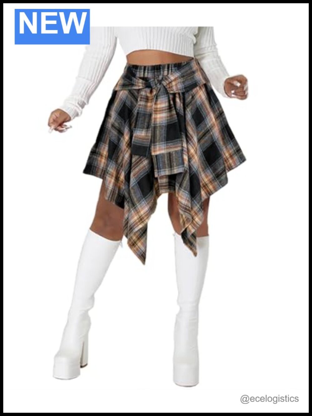 Women High Waisted Plaid Pleated Mini Skirt Asymmetrical Drawstring Skater